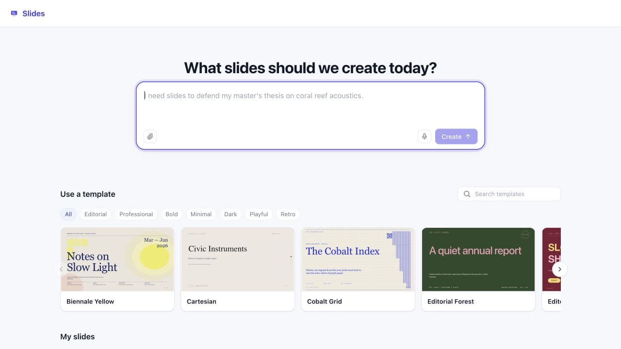 Slides Kit interface showing the presentation prompt and editable template library