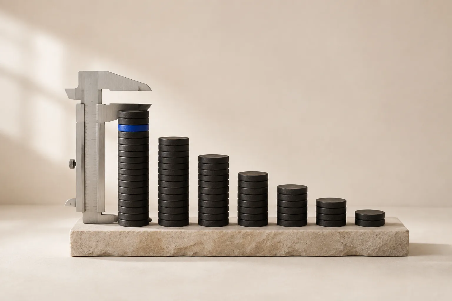 A descending row of stacked ceramic discs measured by a caliper, a physical bar chart representing the month's harness usage rankings
