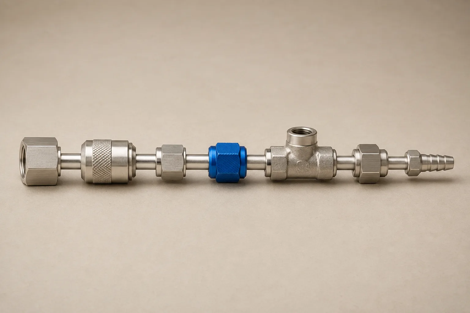 Several different standard connector couplings joined by clean tubing into one continuous run on a workbench, one coupling in cobalt blue