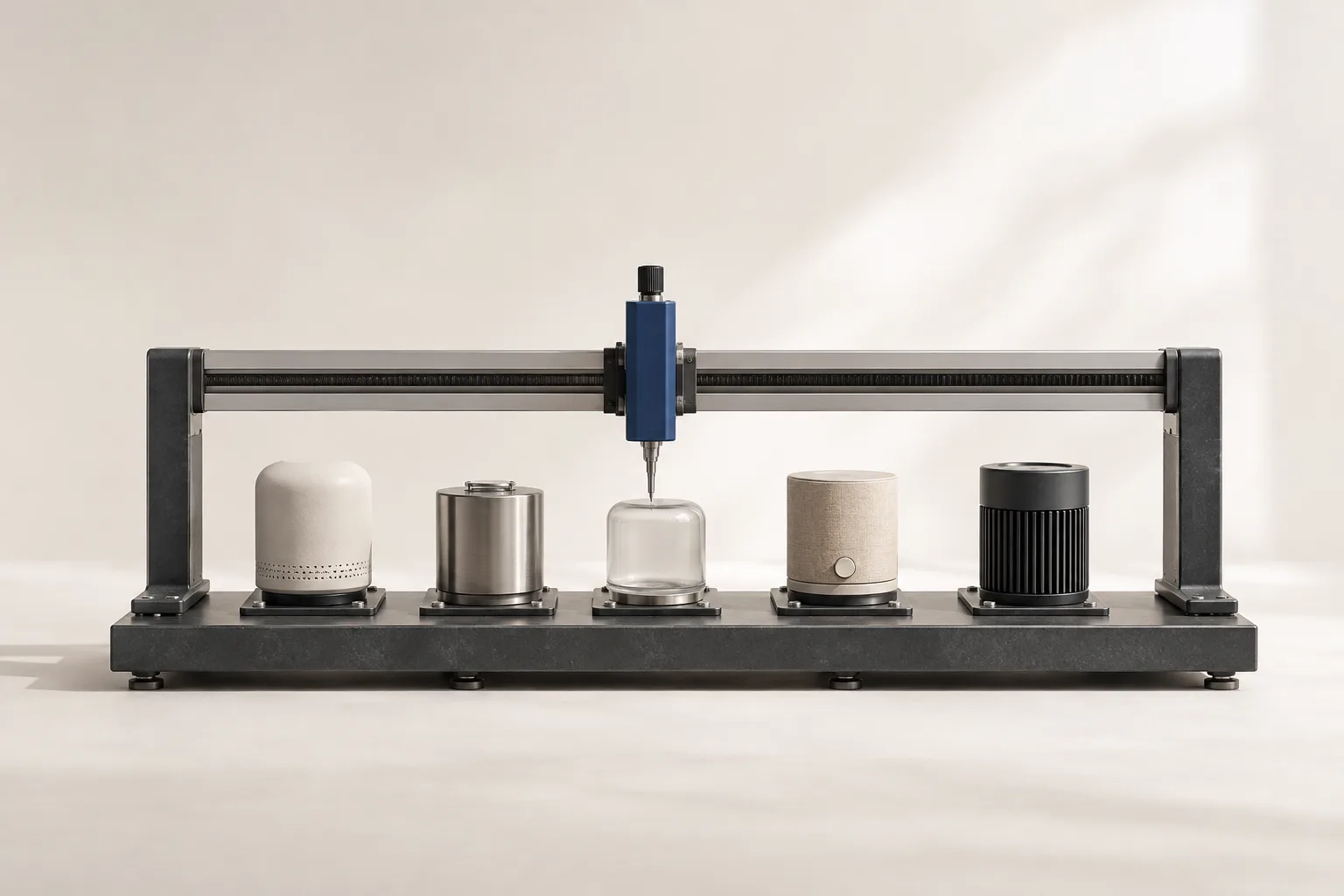 Five different enclosed instruments on one calibration bench under a single shared measuring gantry, representing different coding agents evaluated by the same test