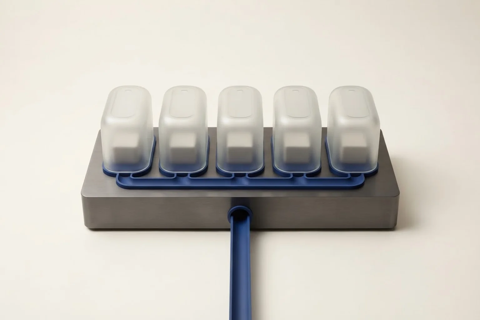 A shared service dock feeds five sealed workspaces, representing a separate isolated session for each user.