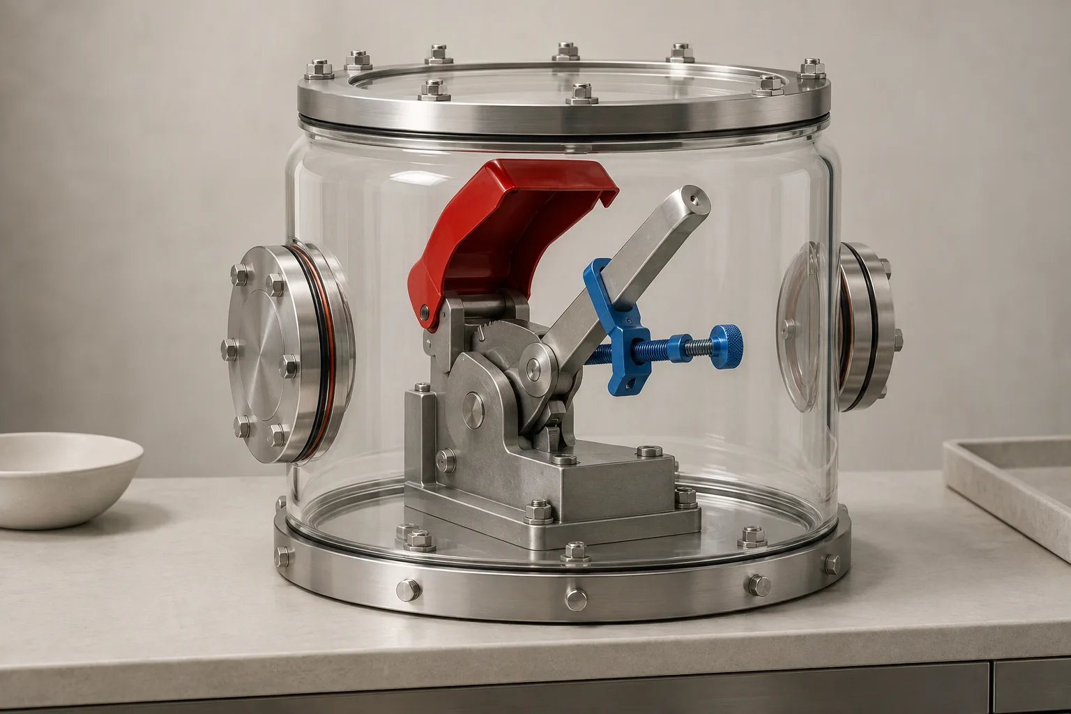 A steel safety interlock lever held open by a cobalt calibrated clamp inside a sealed glass containment chamber on a clean workbench