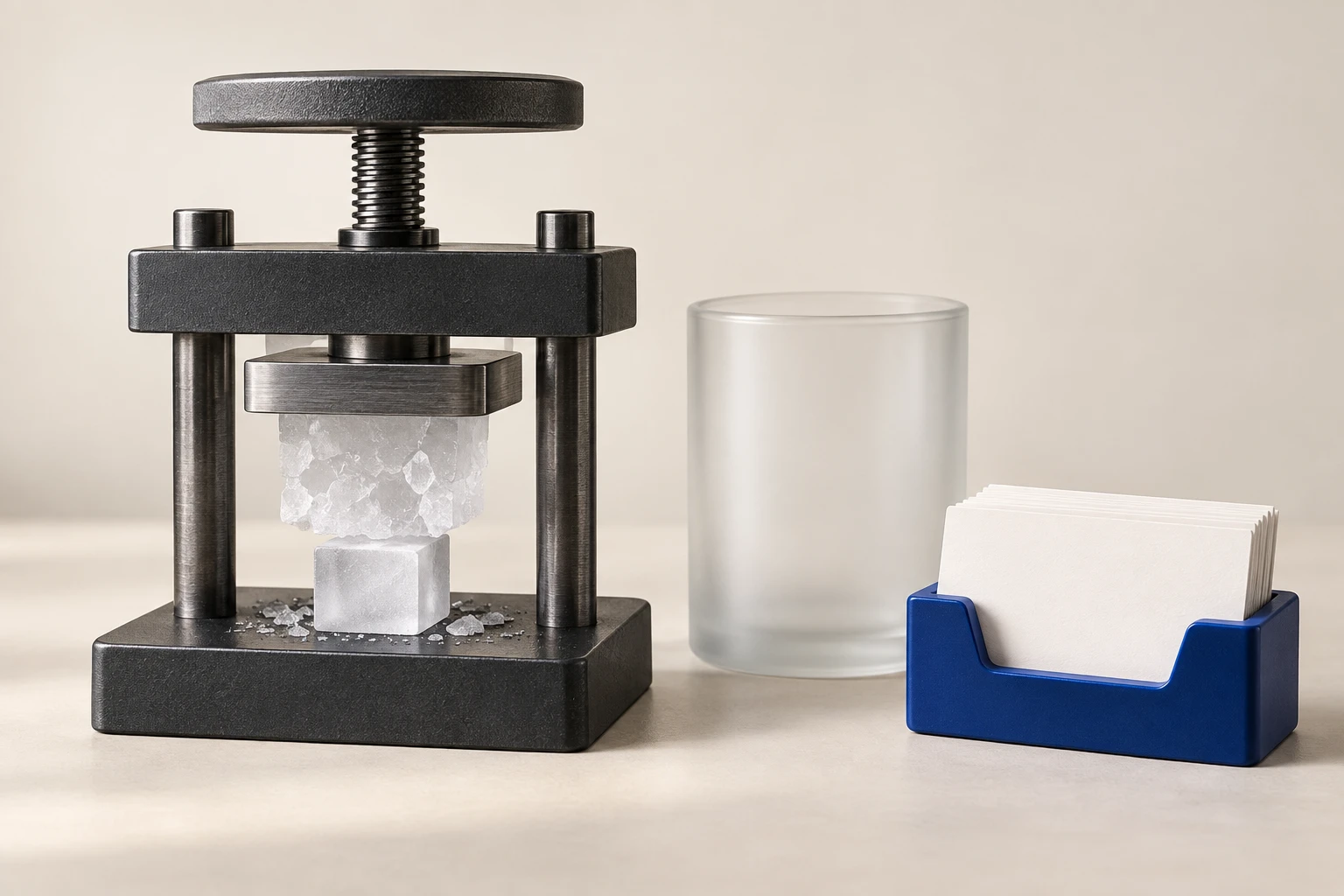 A small machined press compacting frosted material into a dense cube with fragments falling away, beside a fresh empty frosted glass vessel and a cobalt holder of blank paper cards, representing compaction loss, a fresh session, and externalized notes