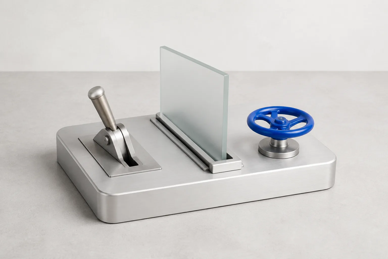 A machined control console with a heavy toggle lever, a half-open frosted glass partition, and a cobalt valve wheel on a clean workbench