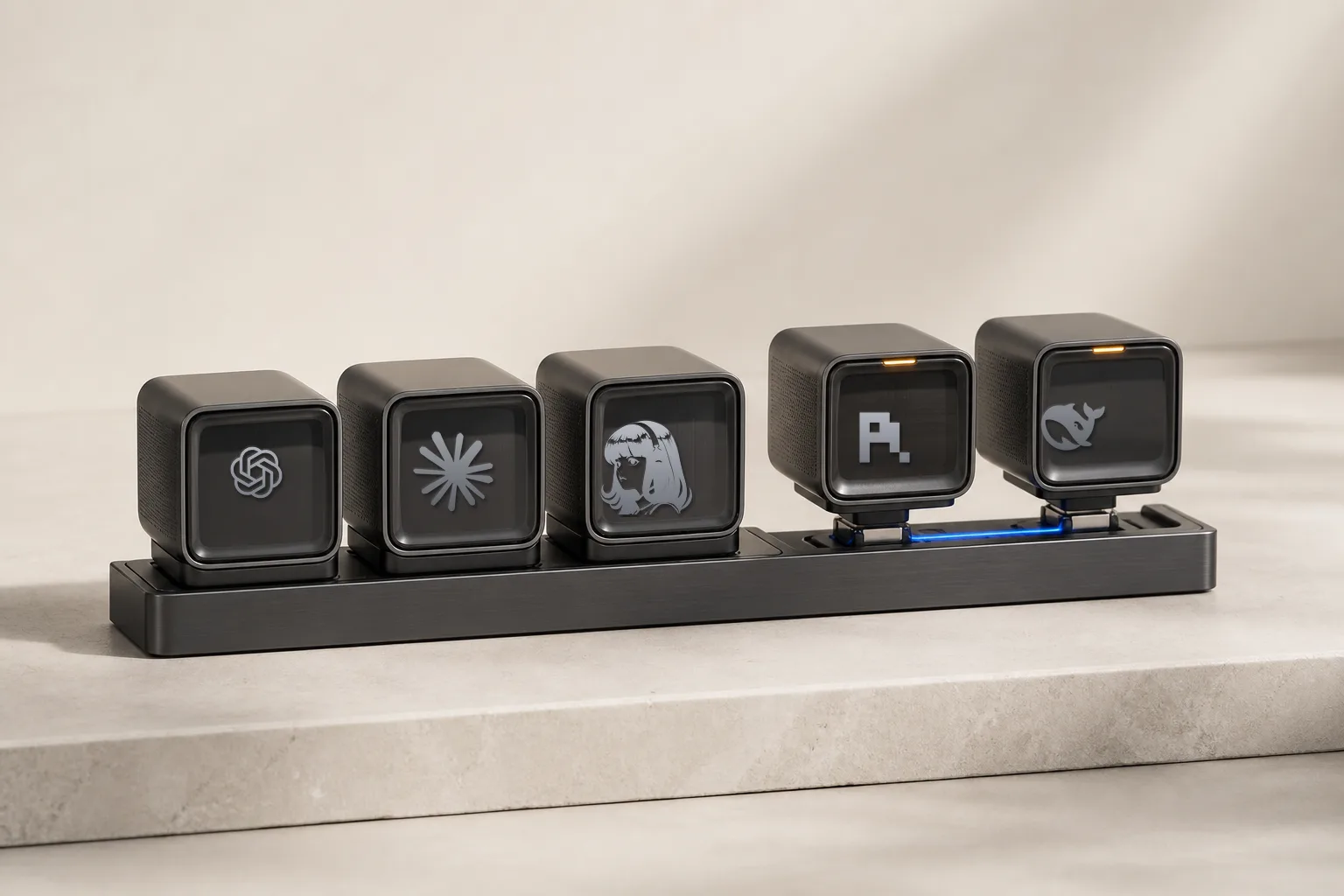 Five enclosed runtime modules docked along one control spine, two newly activated with a cobalt signal, representing multiple agent harnesses running through one interface