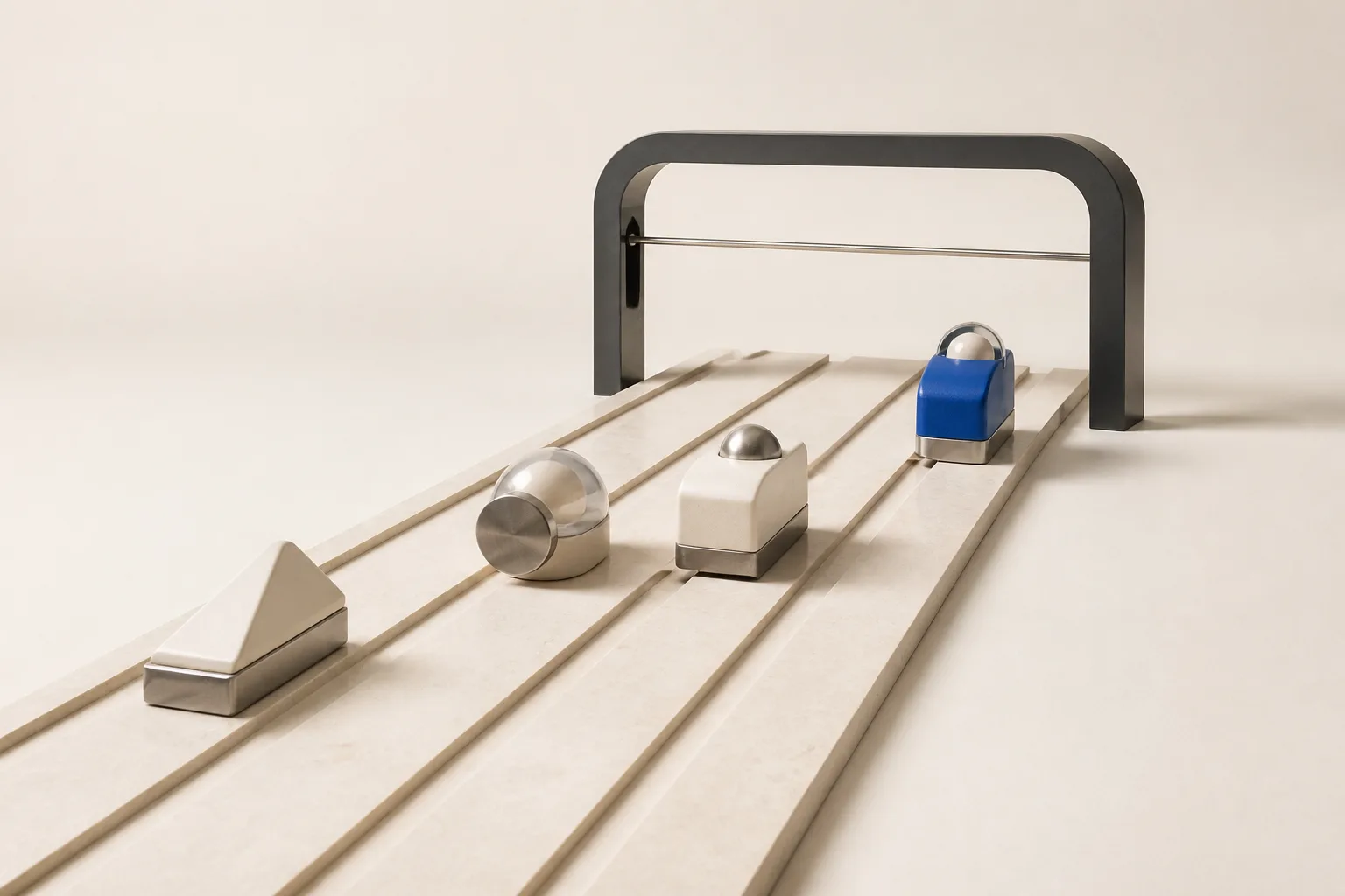 Several distinct enclosed modules racing on parallel tracks toward one shared measurement gate, with the leading module in cobalt blue, representing agent harnesses competing under one standard.