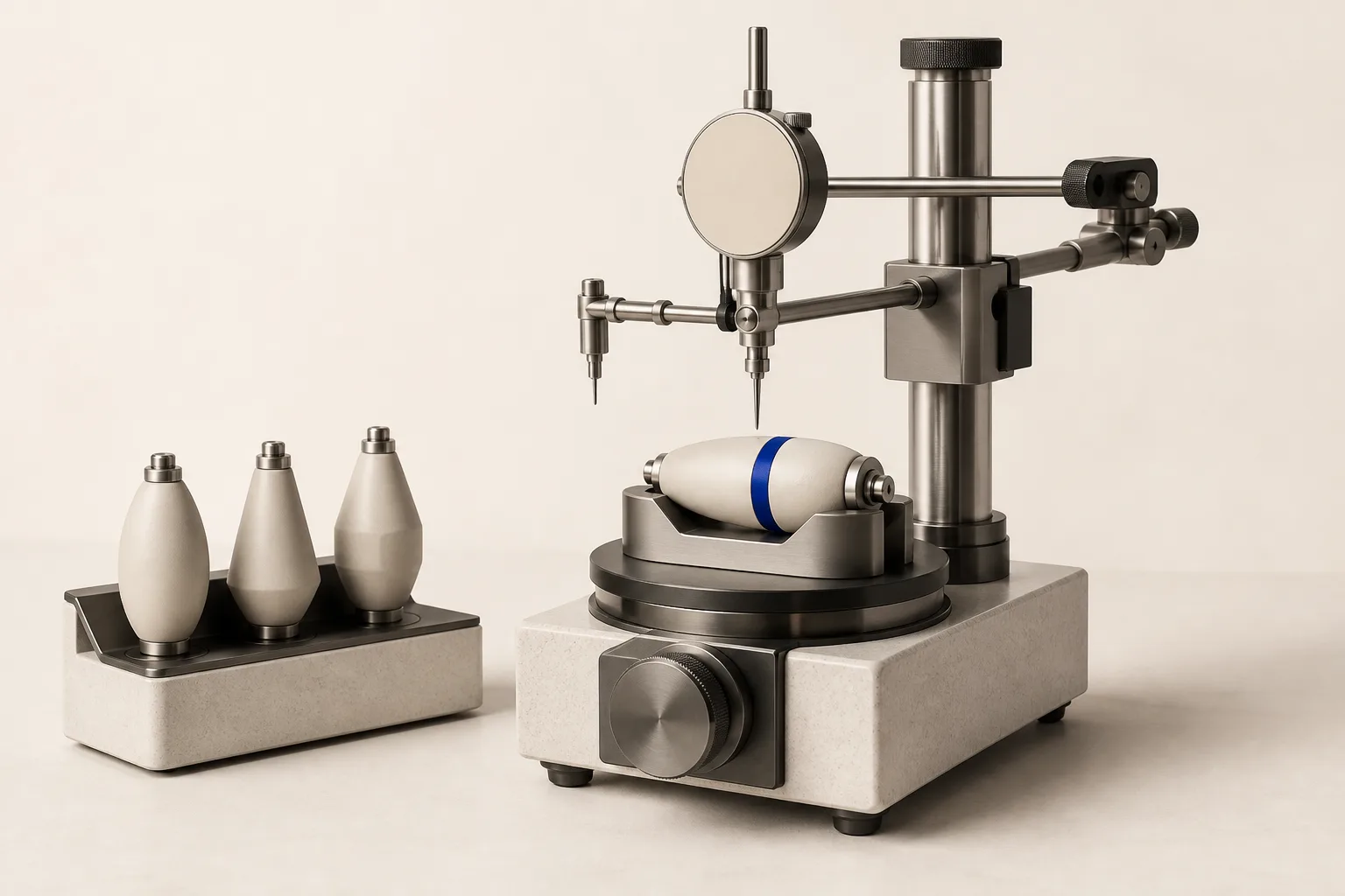 A calibration bench where one module sits docked under precision tuning instruments beside a rack of interchangeable modules, representing configuring agent harnesses rather than building them.