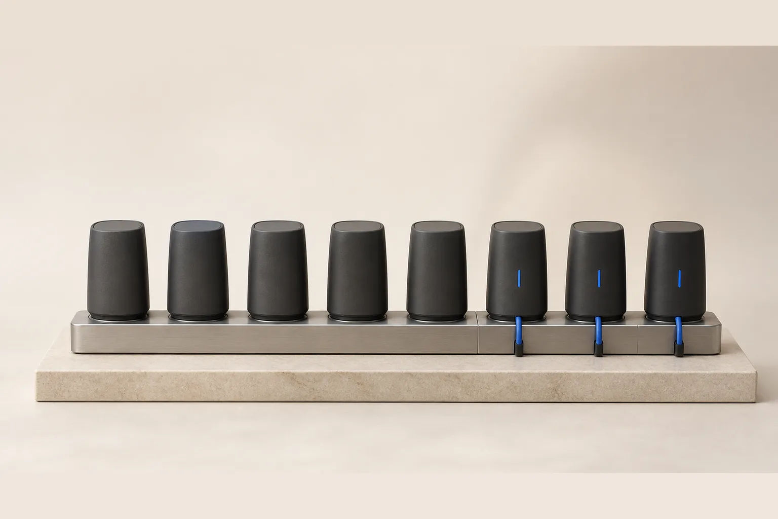 Eight enclosed runtime modules docked along one control spine, three newly seated with a cobalt signal, representing eight agent harnesses running through one interface