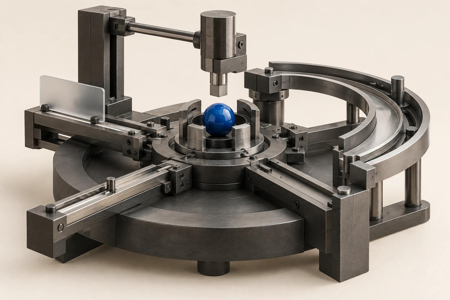 A small polished cobalt sphere held at the center of a large precisely machined charcoal mechanism whose rails, guides, and clamp determine its path, representing a thin model core inside a thick deterministic harness