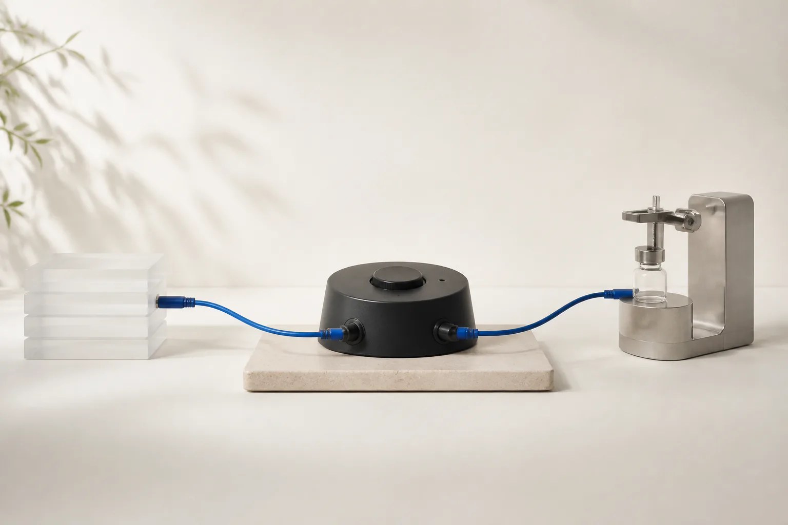 One central control module with two cables leaving it: one into a stack of translucent software panels, one into a small laboratory instrument with a gripper, representing an agent harness reaching software through MCP and hardware through MHS.