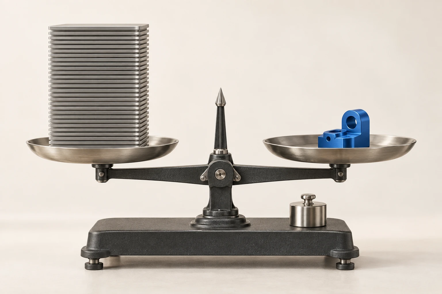 A precision balance weighing a tall stack of identical thin metal plates against one small finished cobalt machined part, representing the conversation resent every turn versus the single completed task you are paying for