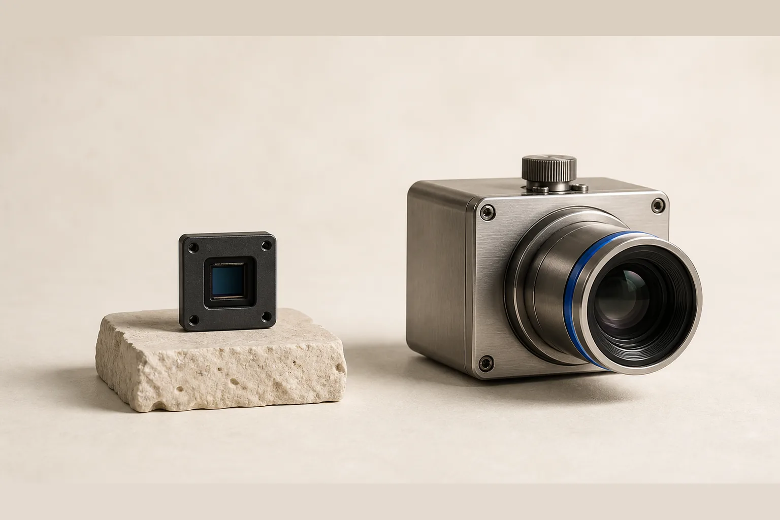 One identical sensor module shown twice, once bare on a stone block and once seated inside a complete camera system, representing the same model inside different harnesses